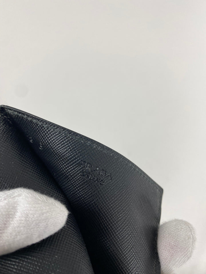 Prada Black Saffiano Silver Logo  Holder