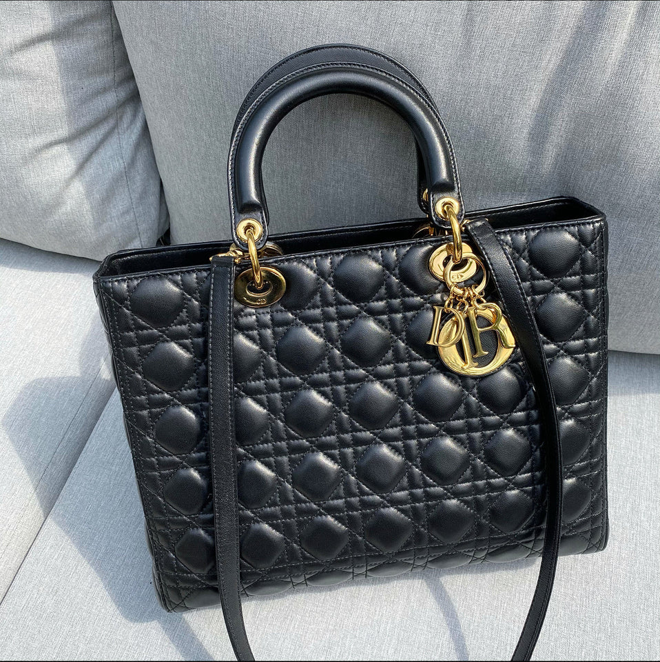 Dior Lady Dior Large Black Lambskin Cannage Tote Bag