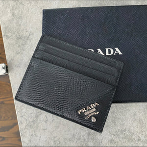 Prada Black Saffiano Silver Logo  Holder