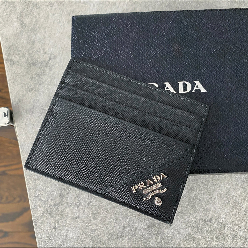 Prada Black Saffiano Silver Logo  Holder
