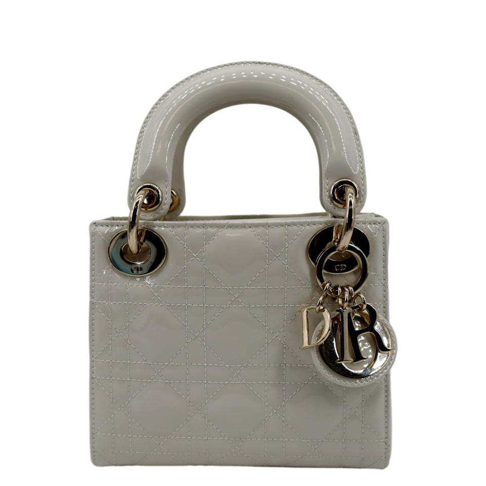 Christian Dior Mini Lady Dior Cannage Patent Leather Satchel Bag White