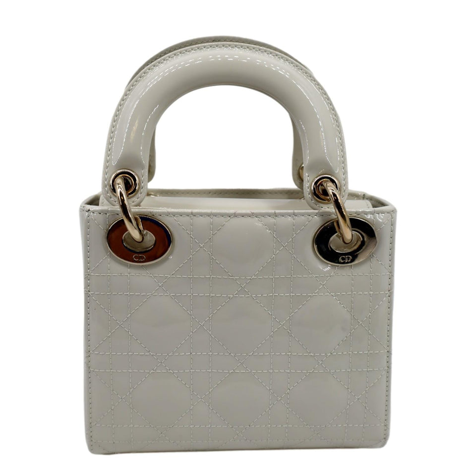 Christian Dior Mini Lady Dior Cannage Patent Leather Satchel Bag White
