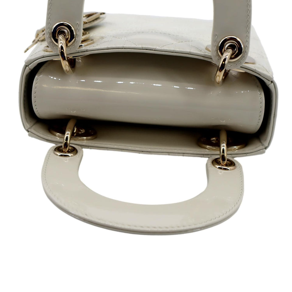 Christian Dior Mini Lady Dior Cannage Patent Leather Satchel Bag White