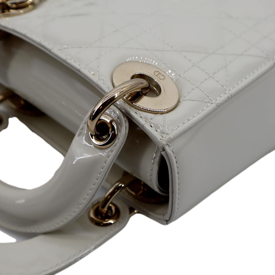 Christian Dior Mini Lady Dior Cannage Patent Leather Satchel Bag White