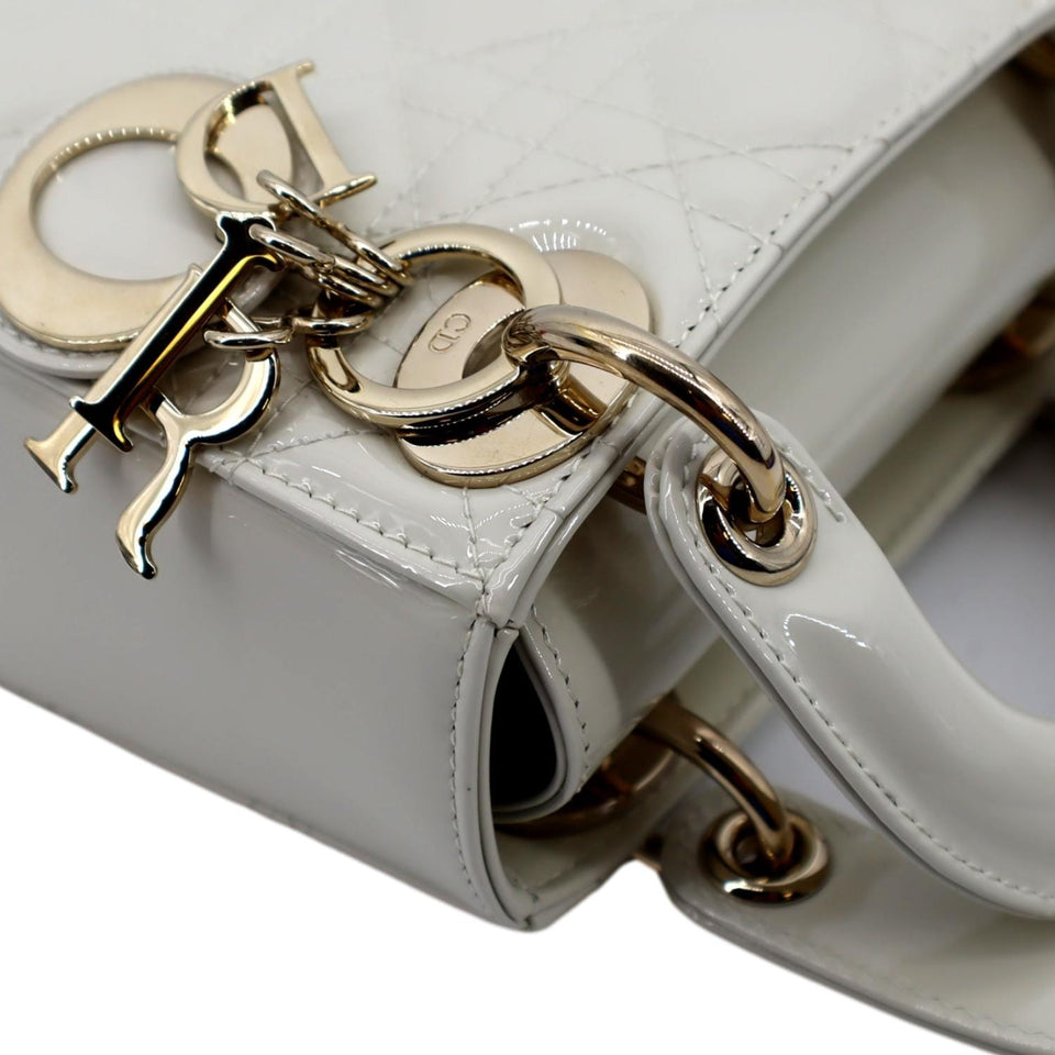 Christian Dior Mini Lady Dior Cannage Patent Leather Satchel Bag White