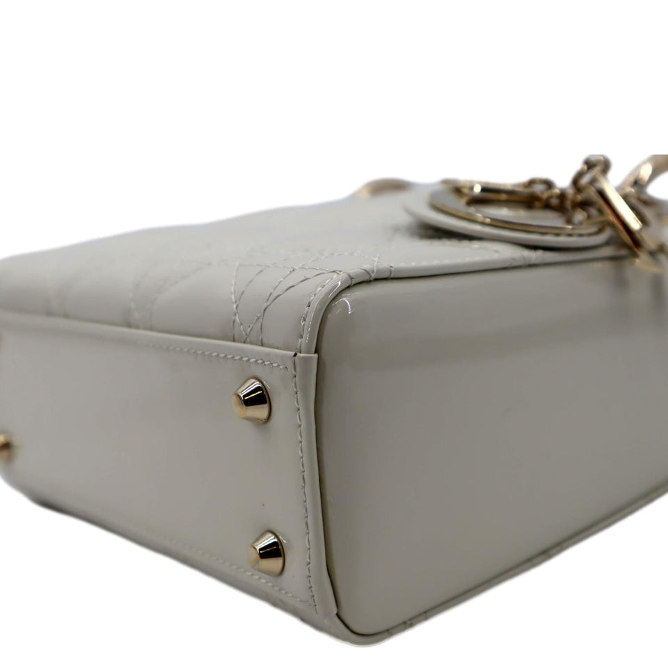Christian Dior Mini Lady Dior Cannage Patent Leather Satchel Bag White