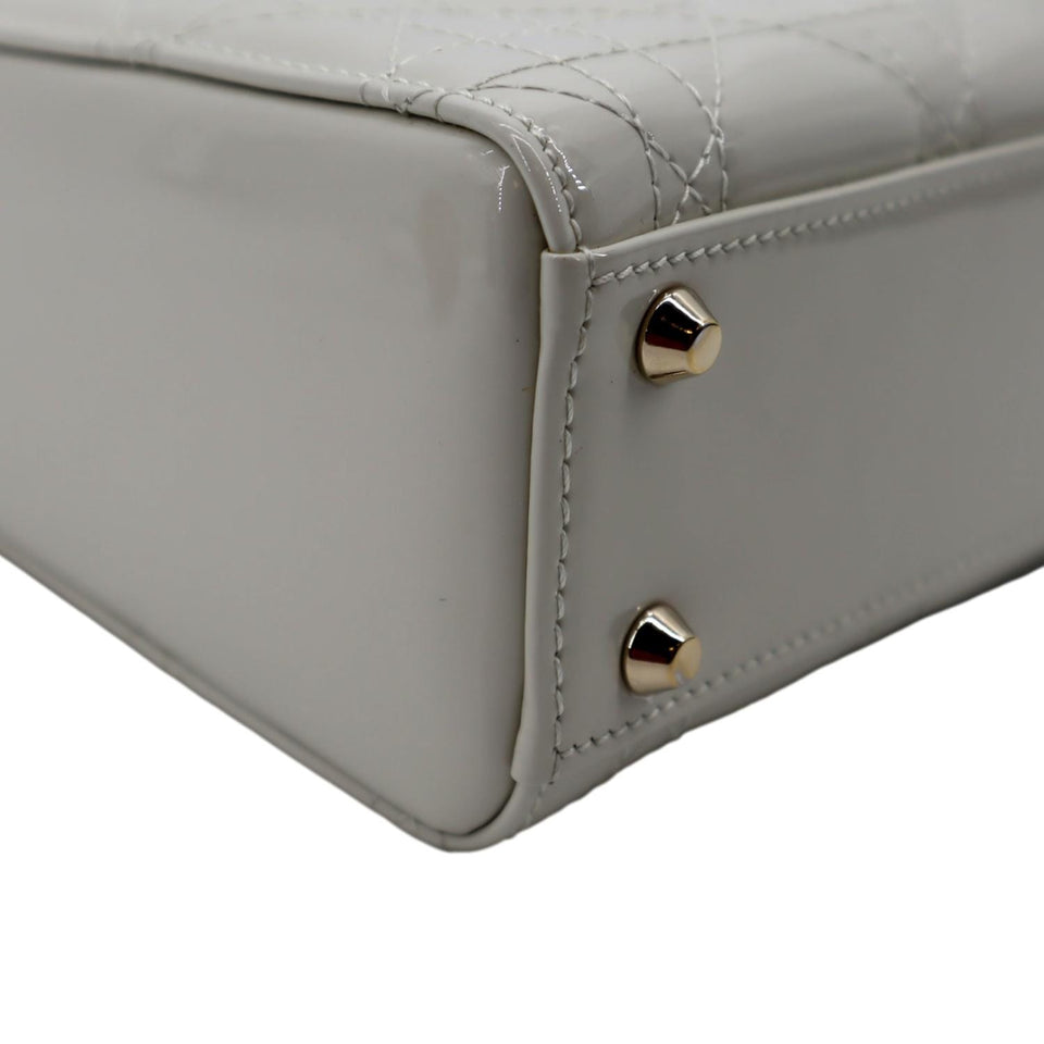 Christian Dior Mini Lady Dior Cannage Patent Leather Satchel Bag White