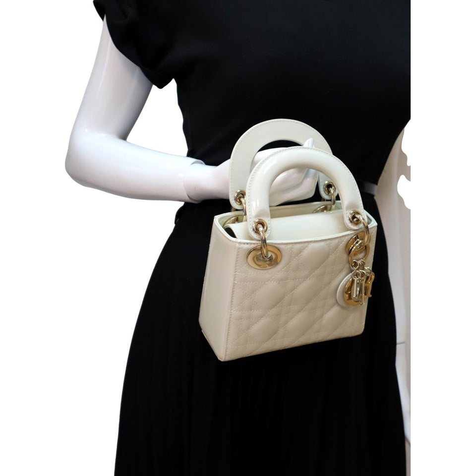Christian Dior Mini Lady Dior Cannage Patent Leather Satchel Bag White
