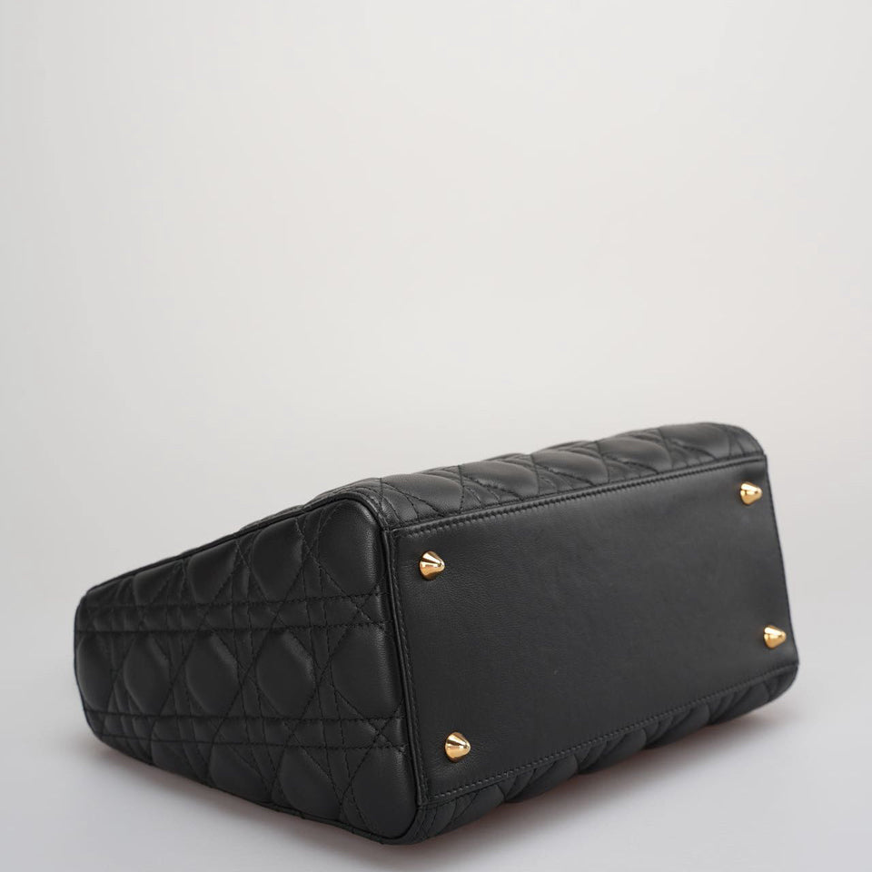 Dior Black Lady Dior Bag In Medium Size Cannage Lambskin Leather with GoId Hardware From 2016