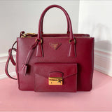 Prada Red Cerise Saffiano Lux Galleria Double Tote Bag with Front Pocket