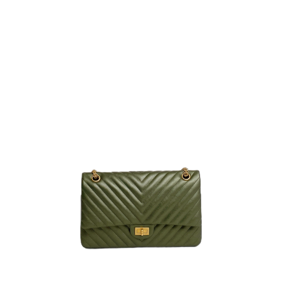 Chanel Chevron Medium Classic Double Flap Bag In Dark Green