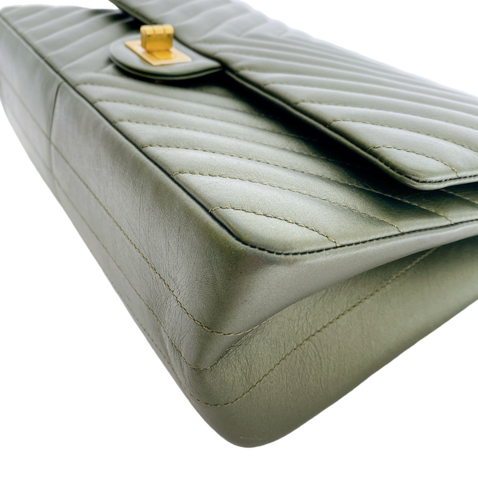 Chanel Chevron Medium Classic Double Flap Bag In Dark Green