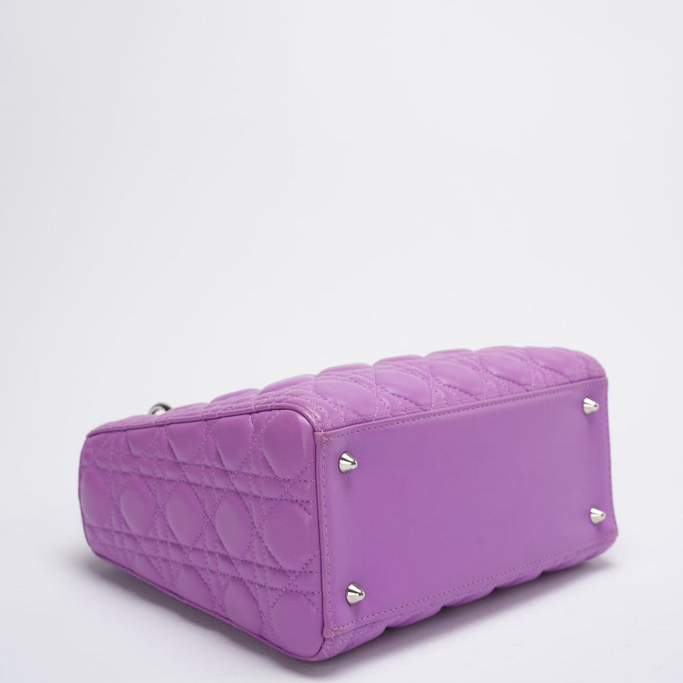 Dior Purple Lilac Lady Dior Medium Bag in Cannage Lambskin Leather with Silver Hardware