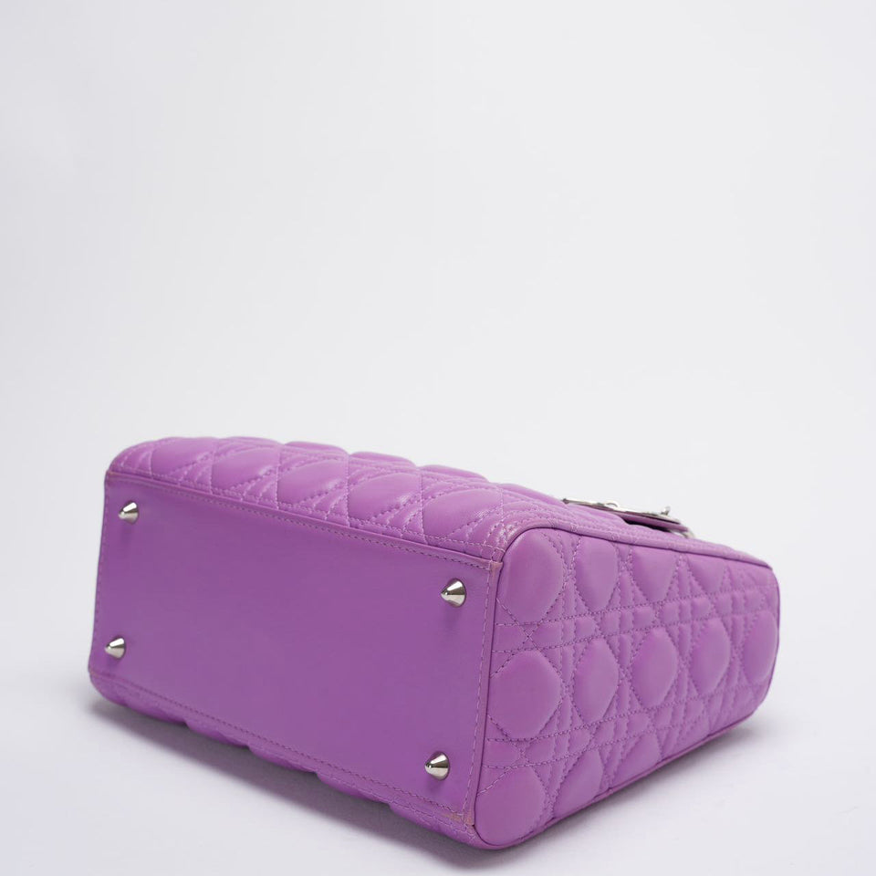 Dior Purple Lilac Lady Dior Medium Bag in Cannage Lambskin Leather with Silver Hardware