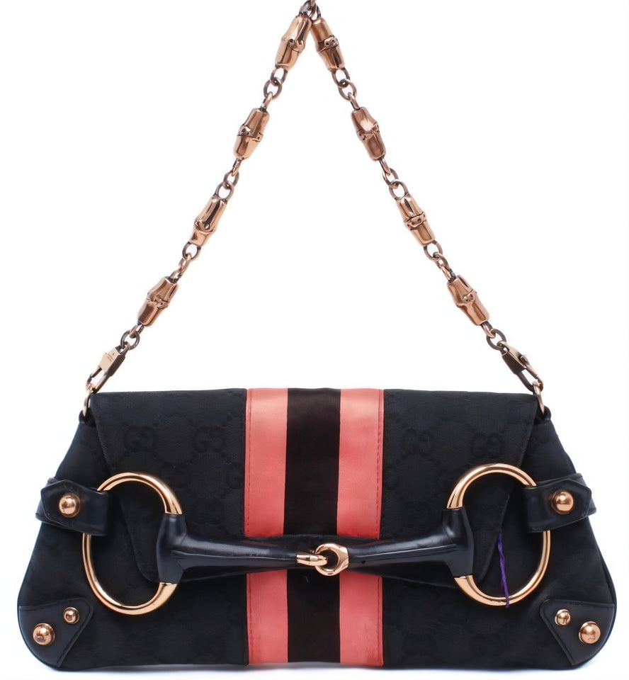 Gucci Horsebit 1955 Chain Shoulder bag Black monogram with Pink silk stripe