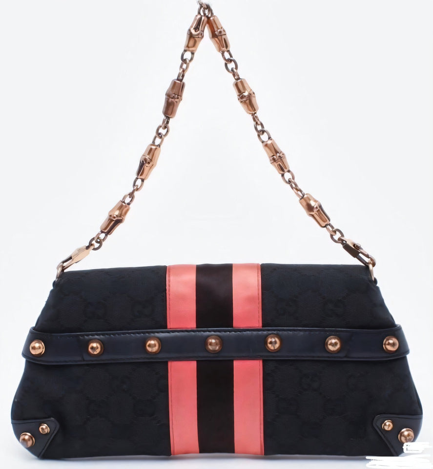 Gucci Horsebit 1955 Chain Shoulder bag Black monogram with Pink silk stripe