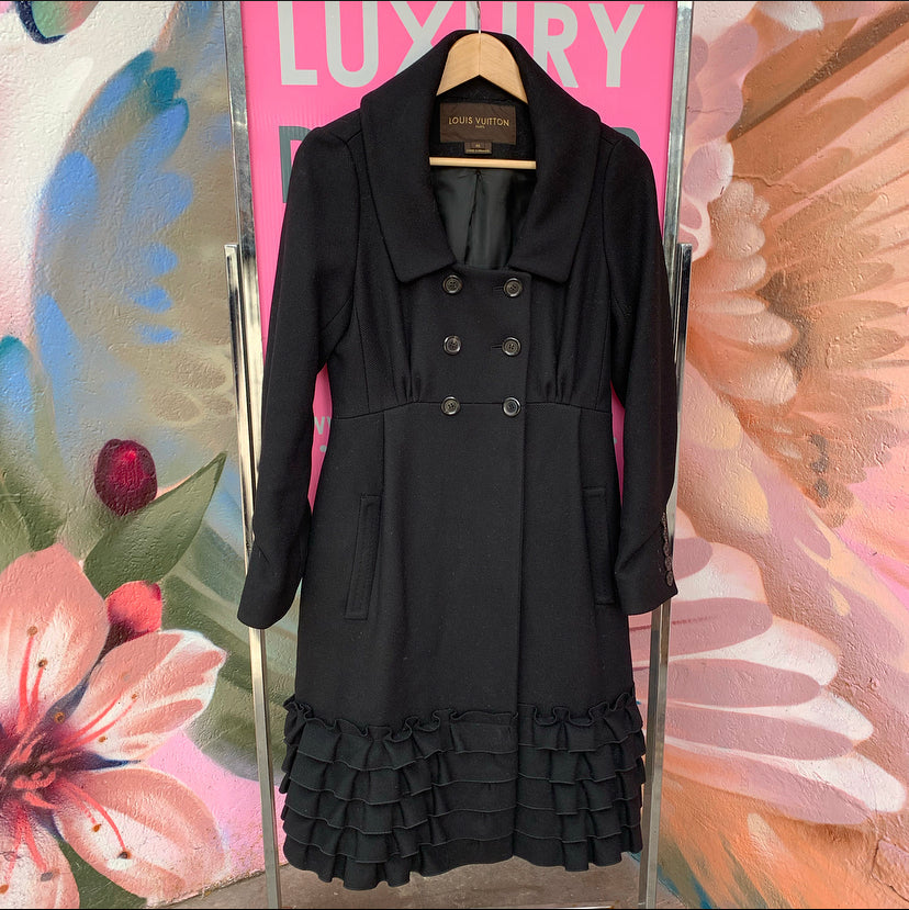 Louis Vuitton Marc Jacobs Black Wool Coat with Ruffle - FR40