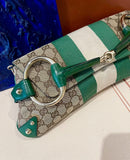 Iconic Gucci Horsebit 1955 Chain Cloth Gucci Monogram Green Leather and Gold Studs
