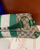 Iconic Gucci Horsebit 1955 Chain Cloth Gucci Monogram Green Leather and Gold Studs
