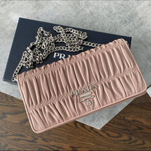 Prada Mini Nude Leather Gaufre Pleat Wallet on Chain