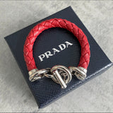 Prada Red Saffiano Leather Braided Toggle Bracelet