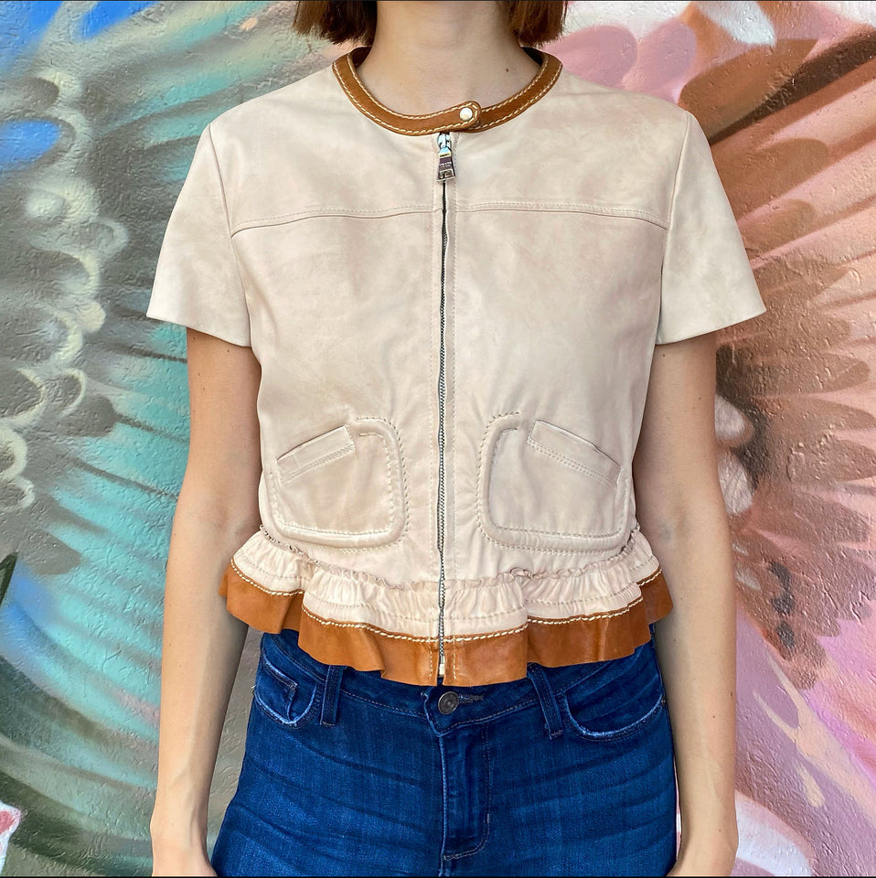 Prada Beige and Brown Short Leather Crop Jacket - IT42 / USA 6
