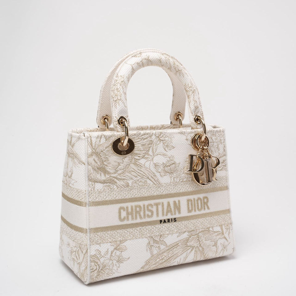 Christian Dior White / Gold Canvas Reverse Embroidered Toile De Joy Medium Lady D-Lite