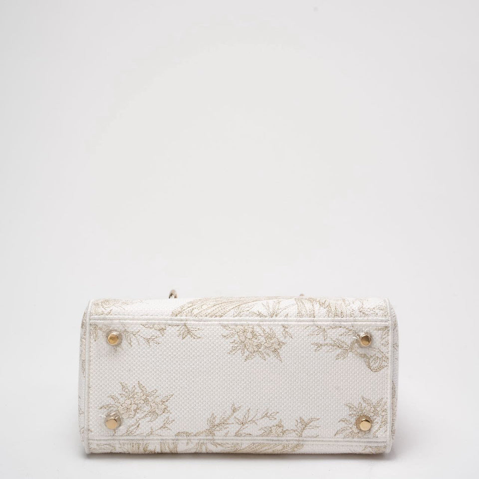 Christian Dior White / Gold Canvas Reverse Embroidered Toile De Joy Medium Lady D-Lite