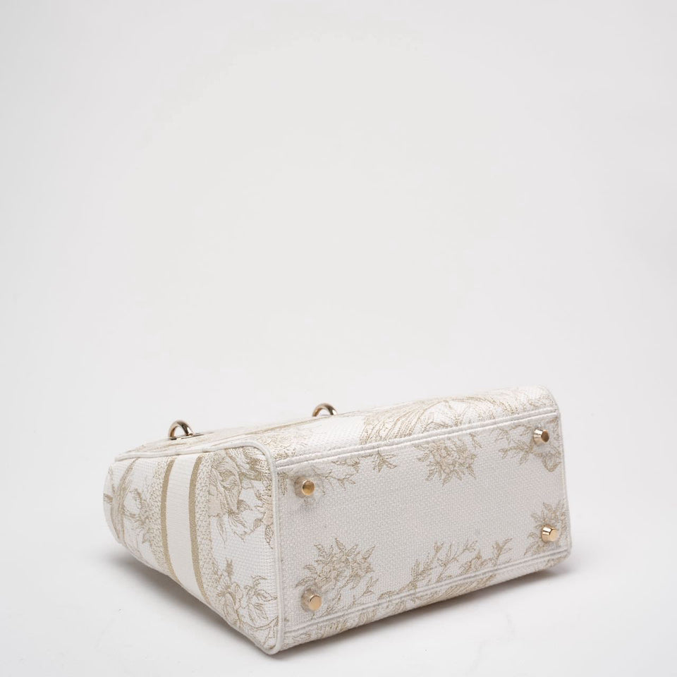 Christian Dior White / Gold Canvas Reverse Embroidered Toile De Joy Medium Lady D-Lite