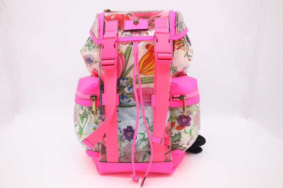 Gucci Backpack in Floral PVC and Neon Pink Leather