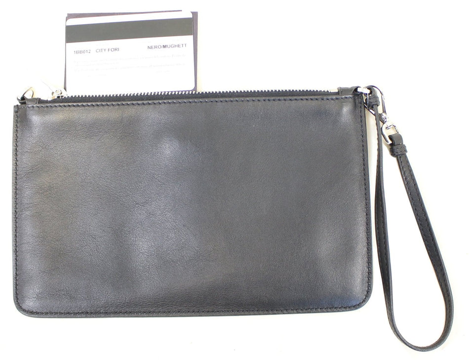 Prada Black Leather Logo Plaque Wristlet Clutch Bag