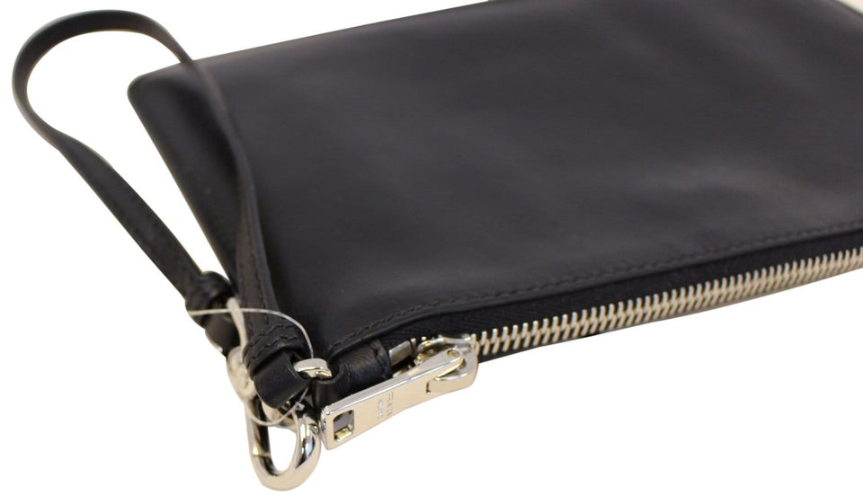 Prada Black Leather Logo Plaque Wristlet Clutch Bag