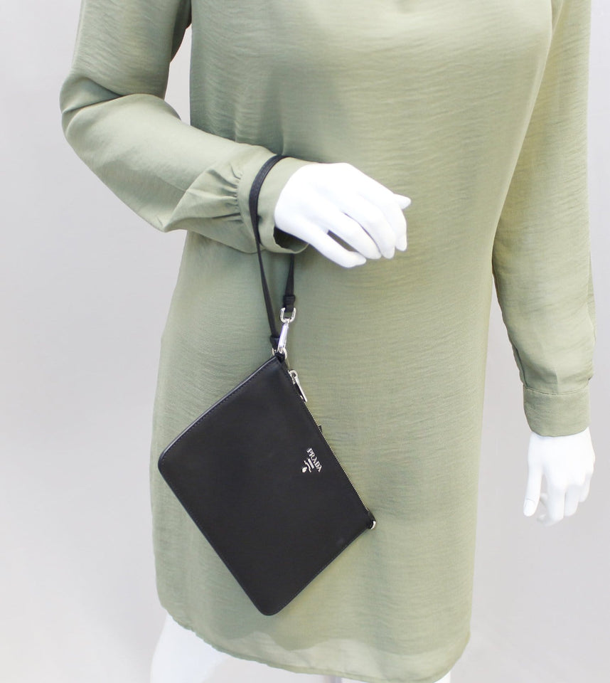 Prada Black Leather Logo Plaque Wristlet Clutch Bag