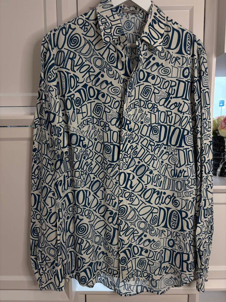 Dior White Logo Print Long Sleeve Shirt Men's Size 39