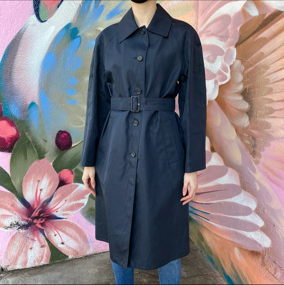 Prada Vintage Black Watered Moire Belted Trench Coat - IT42 / USA 6