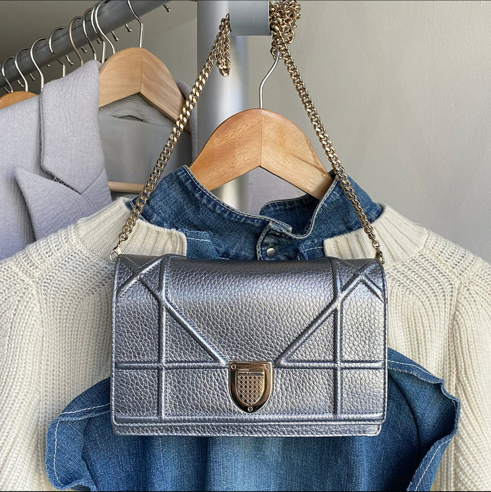 Diorama Metallic Grey Silver Calf Crossbody Wallet on Chain Bag