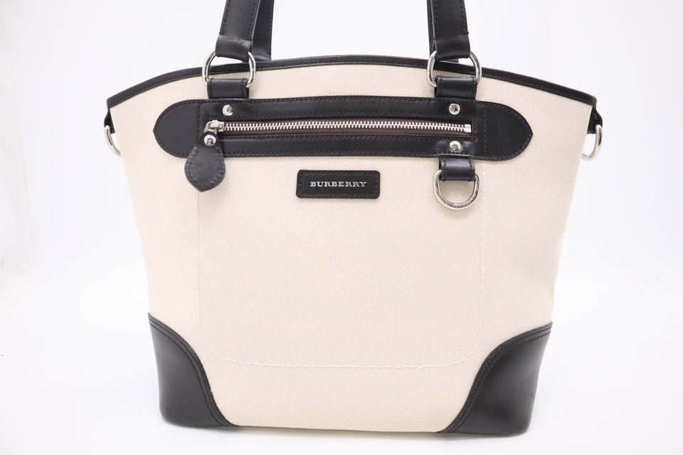 Burberry Tote Bag in Cream Canvas and Brown Leather