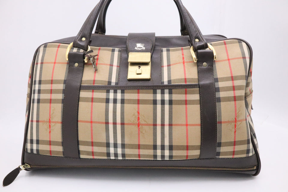 Burberry Duffle Bag with Shoes Compartment in Brown Checked Canvas