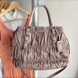 Prada Taupe Gaufre Pleated Two-Way Satchel Tote Bag