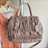 Prada Taupe Gaufre Pleated Two-Way Satchel Tote Bag
