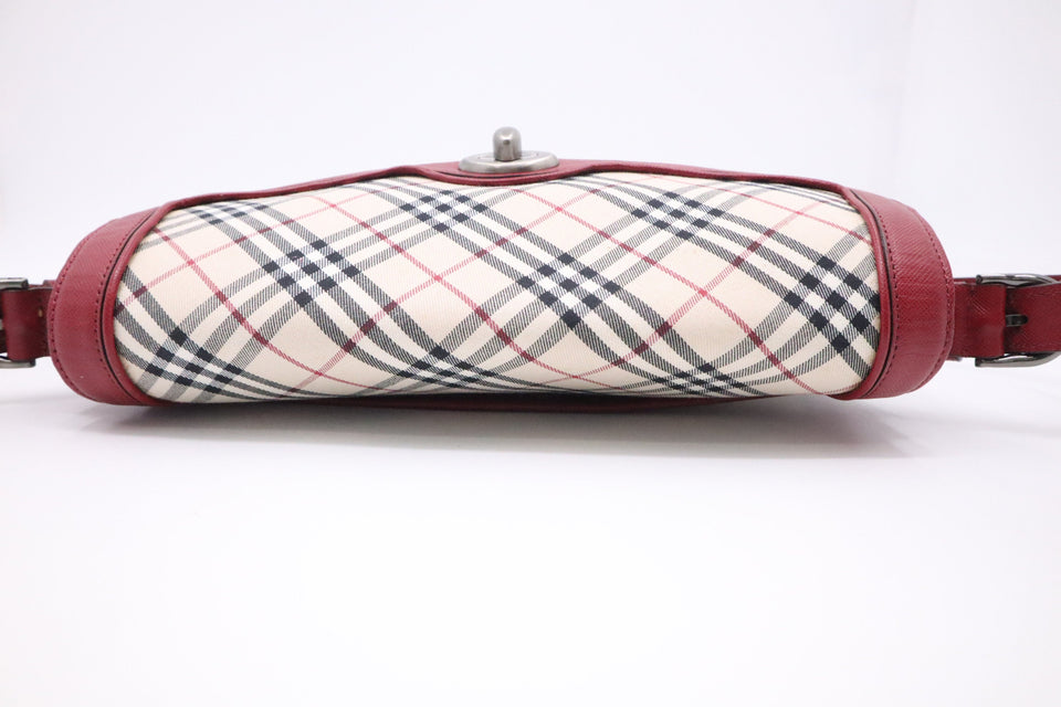 Burberry Shoulder Bag in Beige Checked Canvas & Red Leather