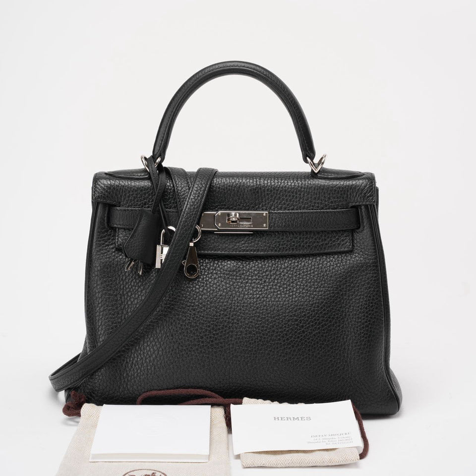 Hermes Black Kelly 28 P Square Togo Leather Palladium