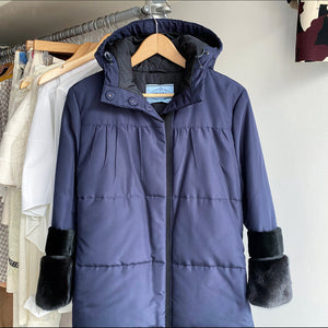 Prada Navy Hooded Puffer Coat with Mink and Sheared Fur Trim - IT38 / XS / S