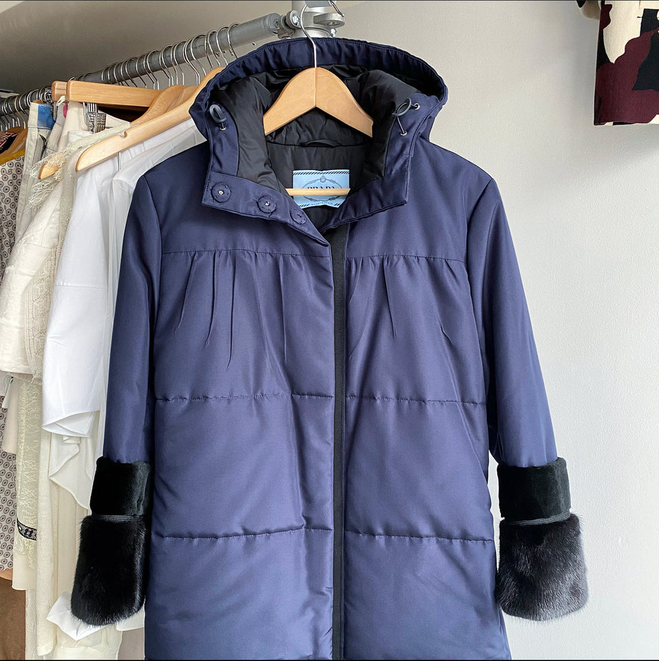 Prada Navy Hooded Puffer Coat with Mink and Sheared Fur Trim - IT38 / XS / S