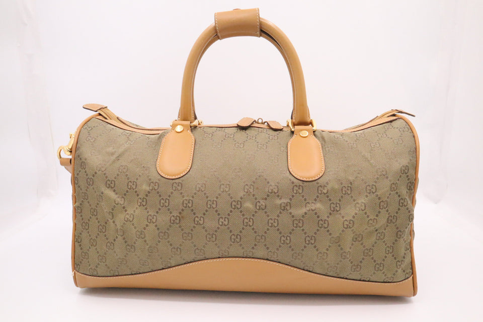 Gucci Boston Bag in Green GG Canvas and Brown Leather