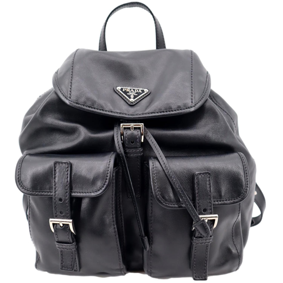 Prada Milano Double Pocket Leather Backpack Bag Black