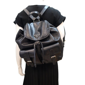Prada Milano Double Pocket Leather Backpack Bag Black
