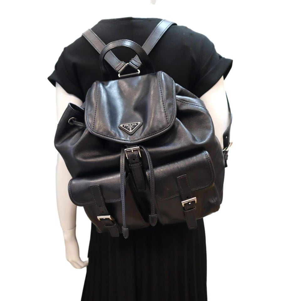 Prada Milano Double Pocket Leather Backpack Bag Black
