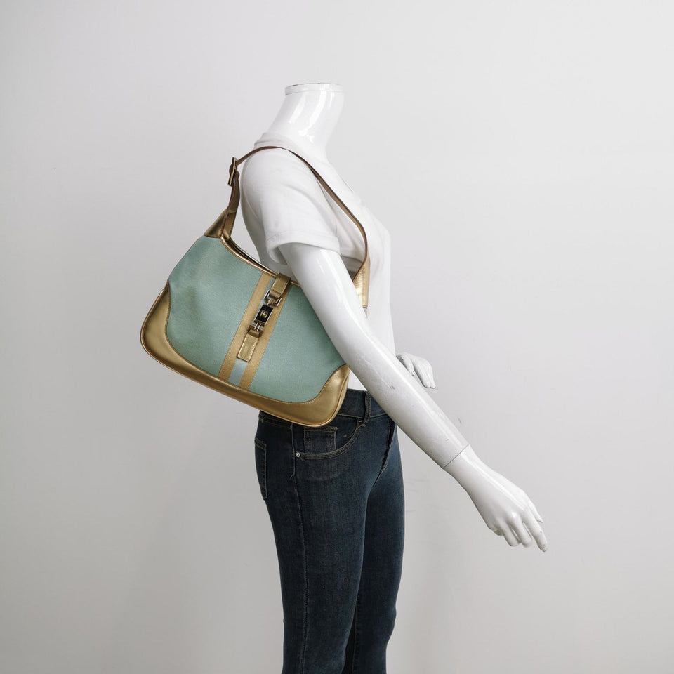 Gucci Jackie Vintage Mini Blue Nylon with Gold Leather Shoulder Bag Medium