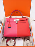 Hermes Kelly 28 Epsom Rose Extreme/ Rouge de Coeur with Blue Zanzibar